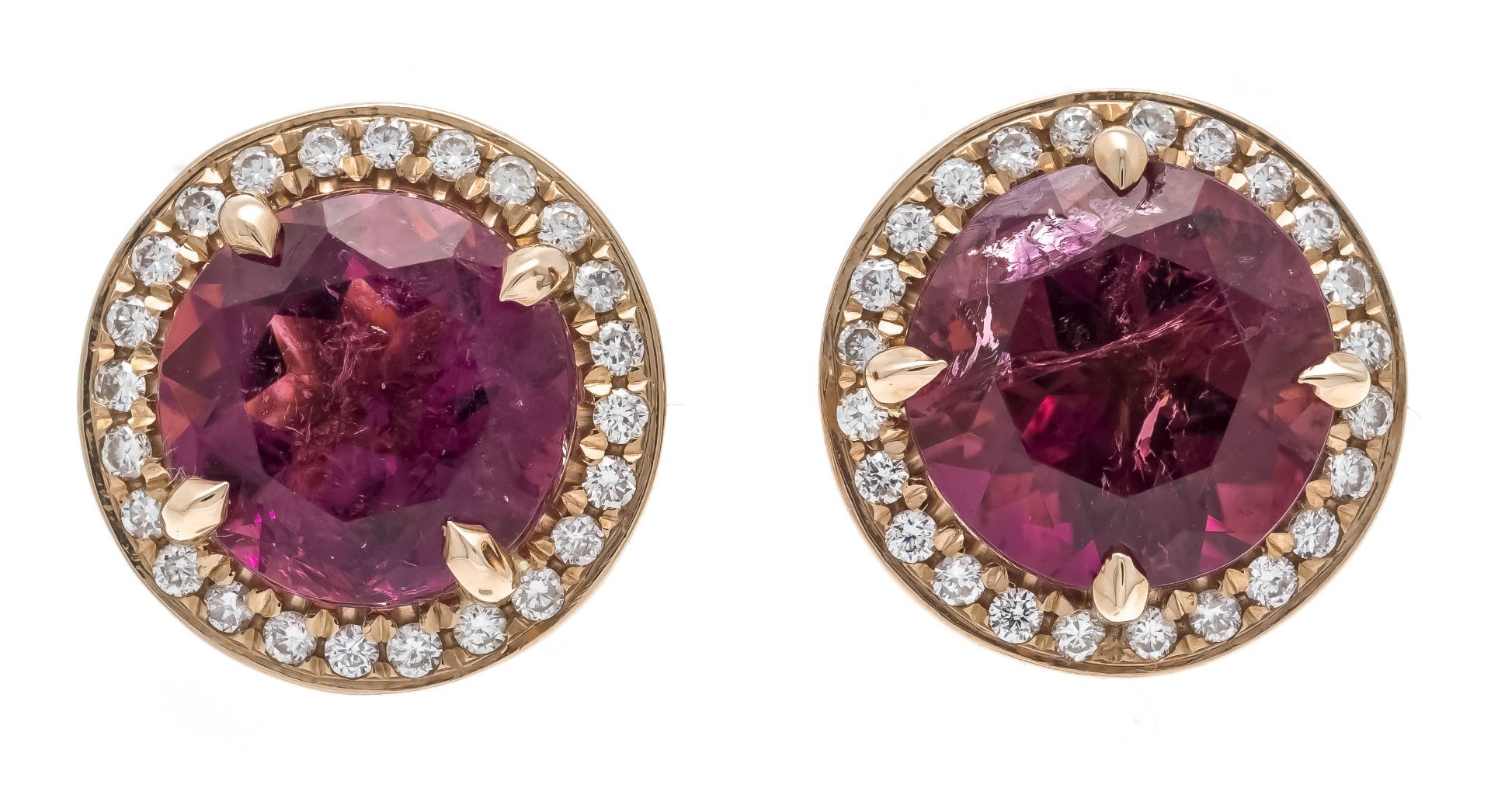 Rubellite-brilliant stud earrings RG 750/000 mt 2 round faceted rubellites, total 7.56 ct in a