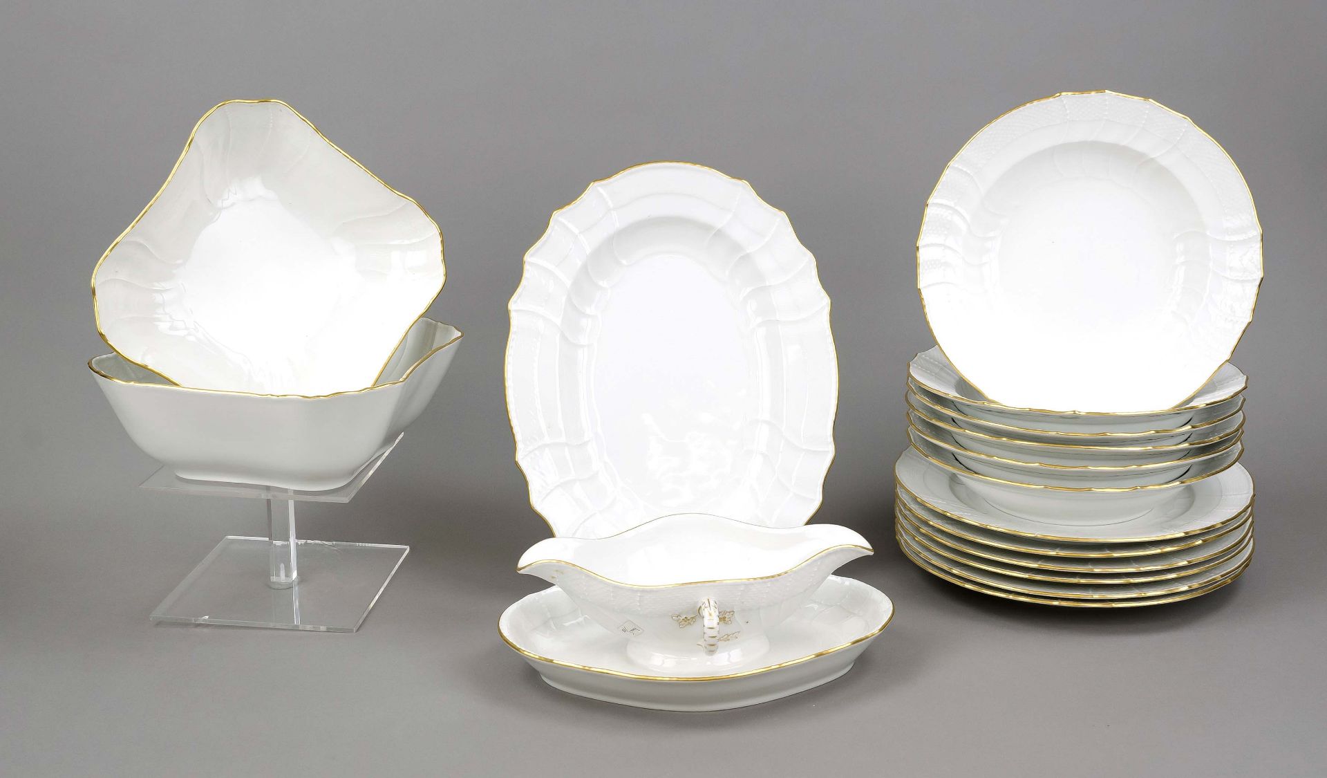 Dinner service for 6 persons, 16-piece, KPM Berlin, marks 1945-92, 1st choice, green imperial orb