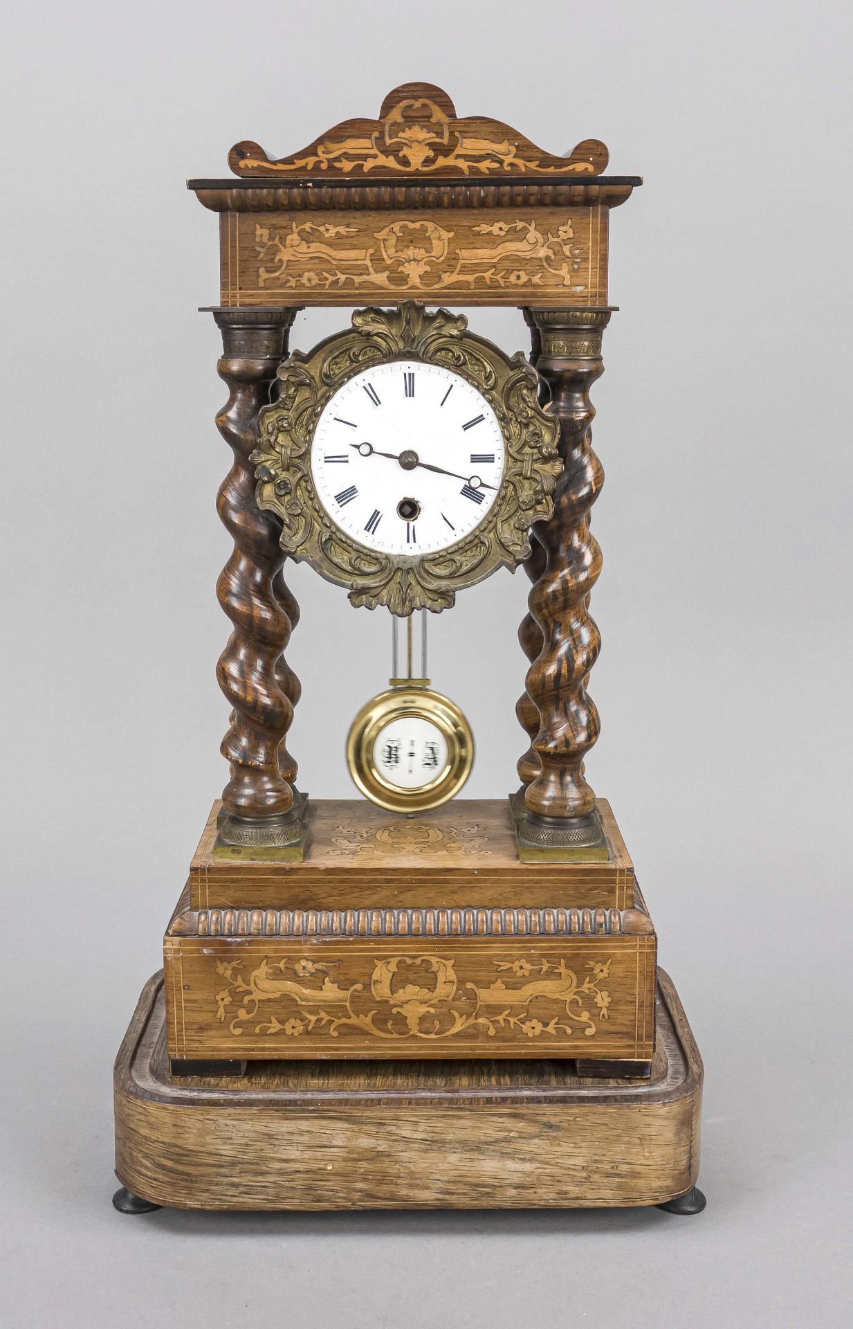 Portalu clock, France, c. 1870-80, walnut wood case with turned full columns, brass bases and
