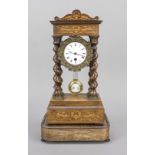 Portalu clock, France, c. 1870-80, walnut wood case with turned full columns, brass bases and