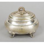 An oval sugar/cover box, probably German, c. 1900, marked Alex. Katsch, plated, on 4 feet, bulbous