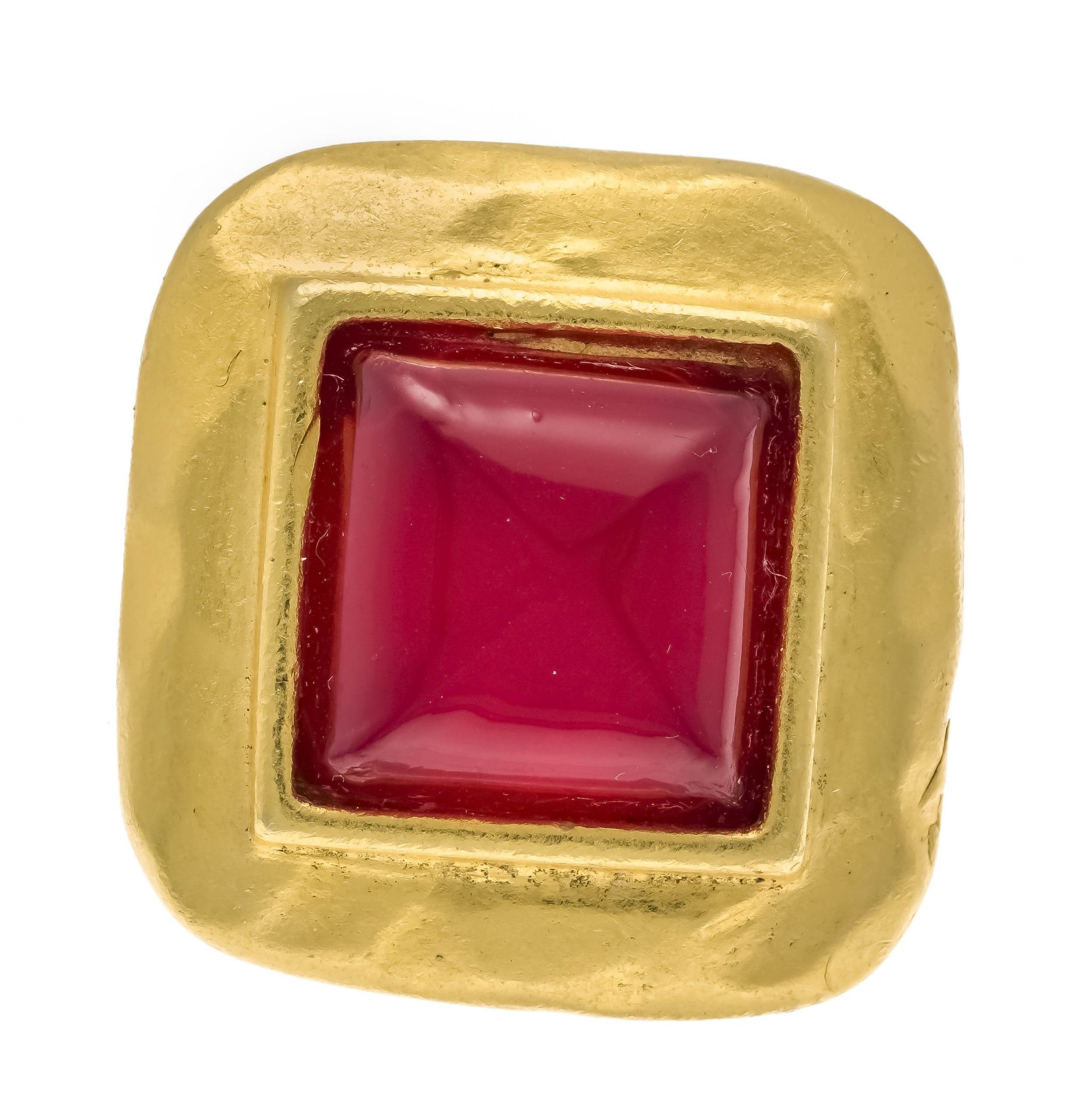 Lancome Paris brooch, gold-plated with red gemstone cabochon, l. 32 mm, 19.2 g