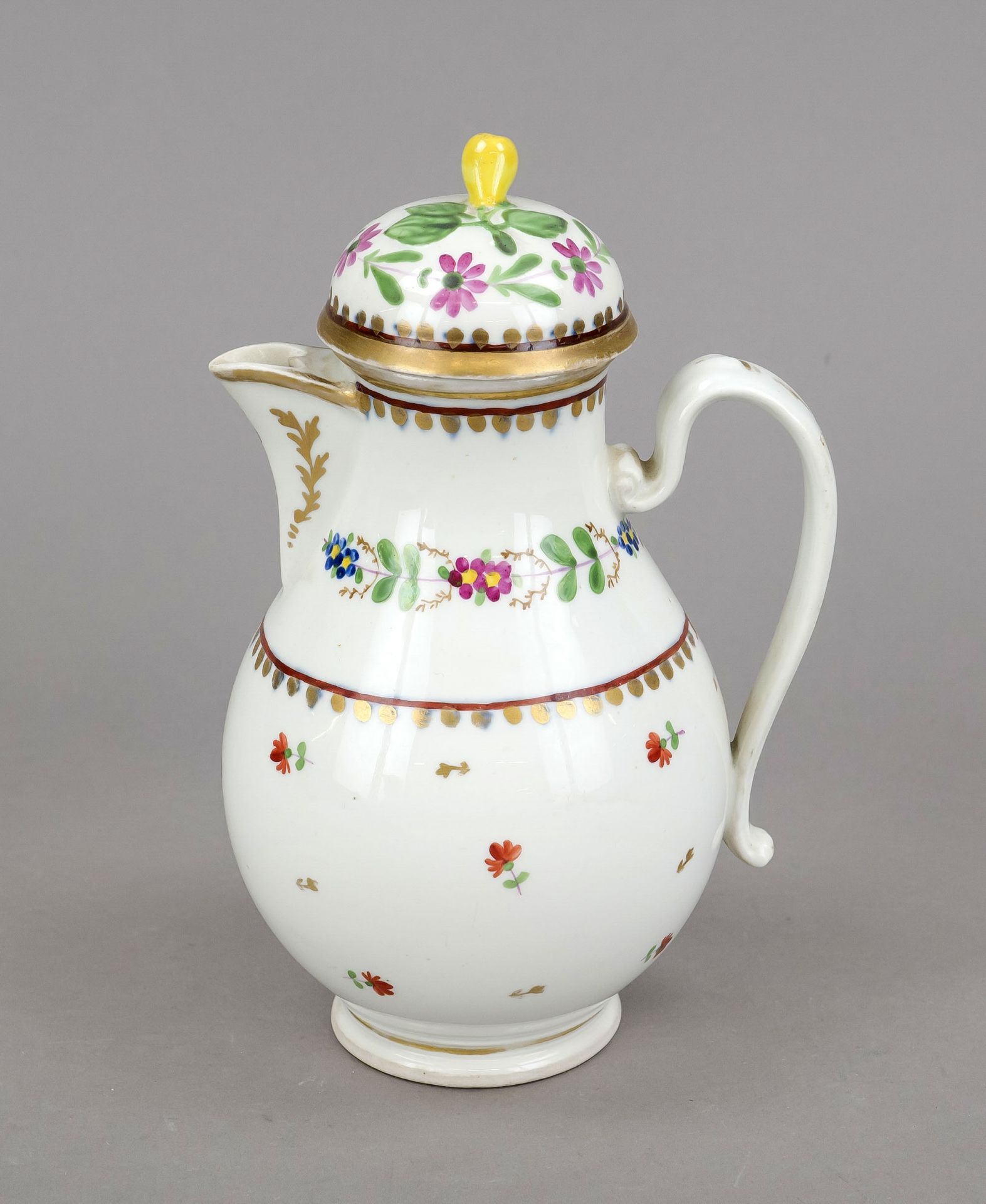 Coffee pot, Vienna, c. 1800, pear-shaped with volute handle, domed lid with pear as knob,