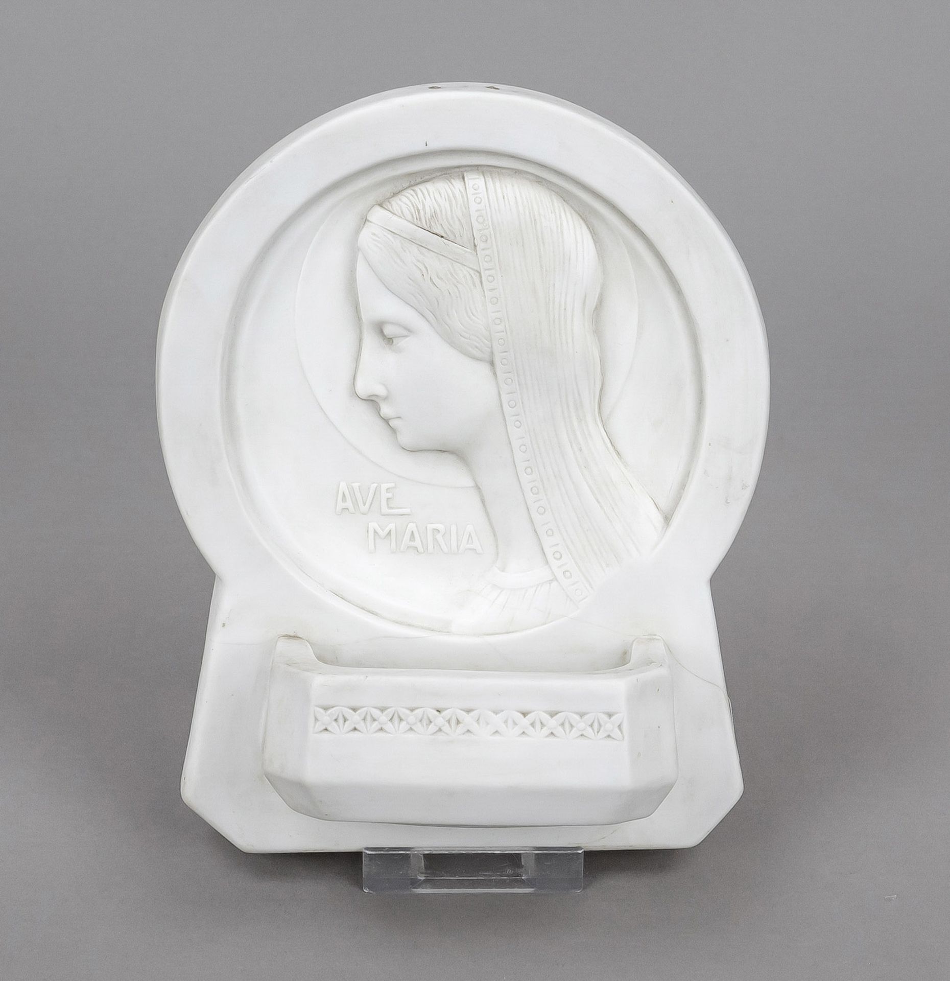 Holy water vessel, Art Nouveau, early 20th century, relief of the Virgin Mary in white bisque,