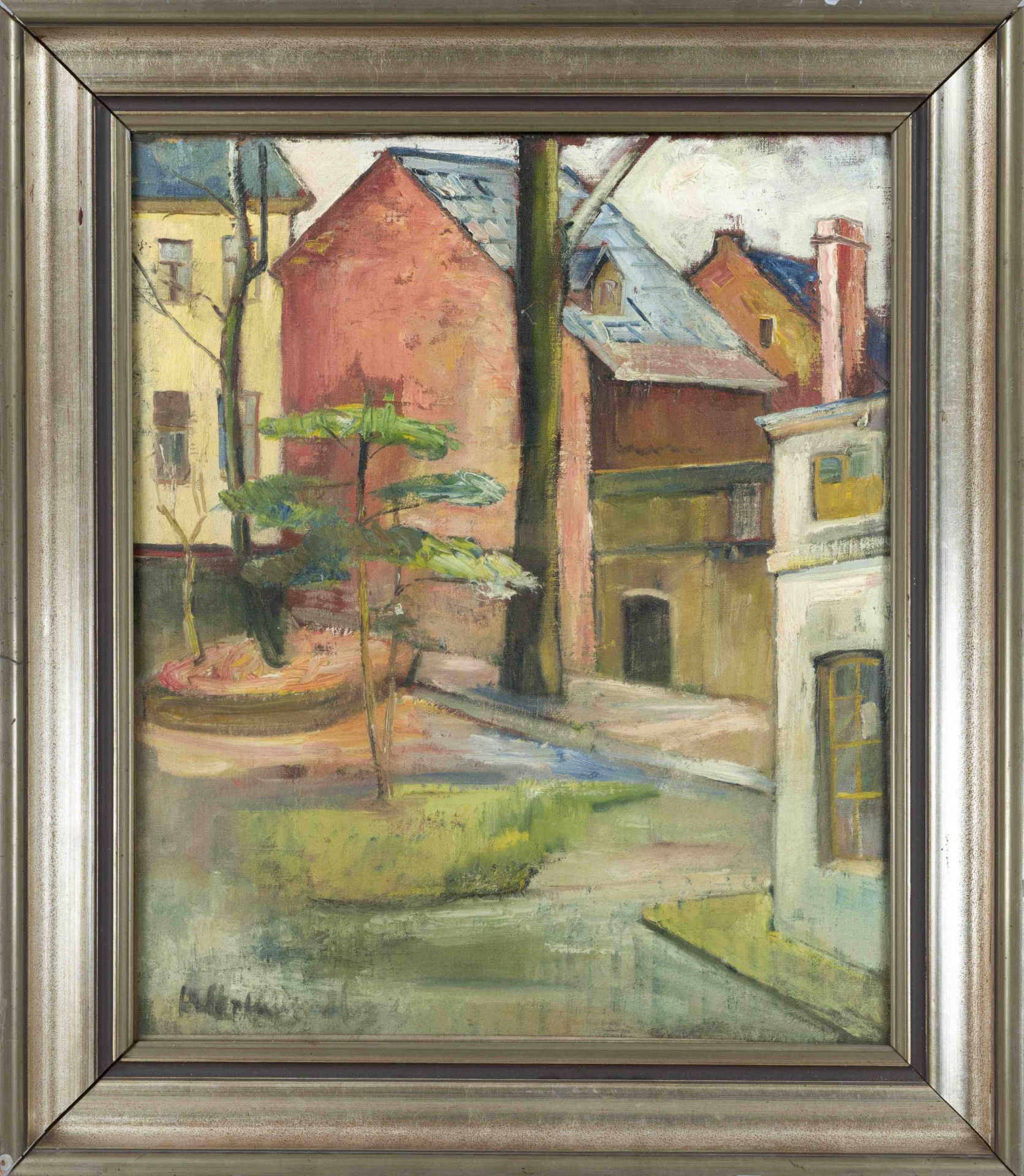 Unidentified artist c. 1900, Village square, oil on canvas, indistinctly signed lower left, 65 x