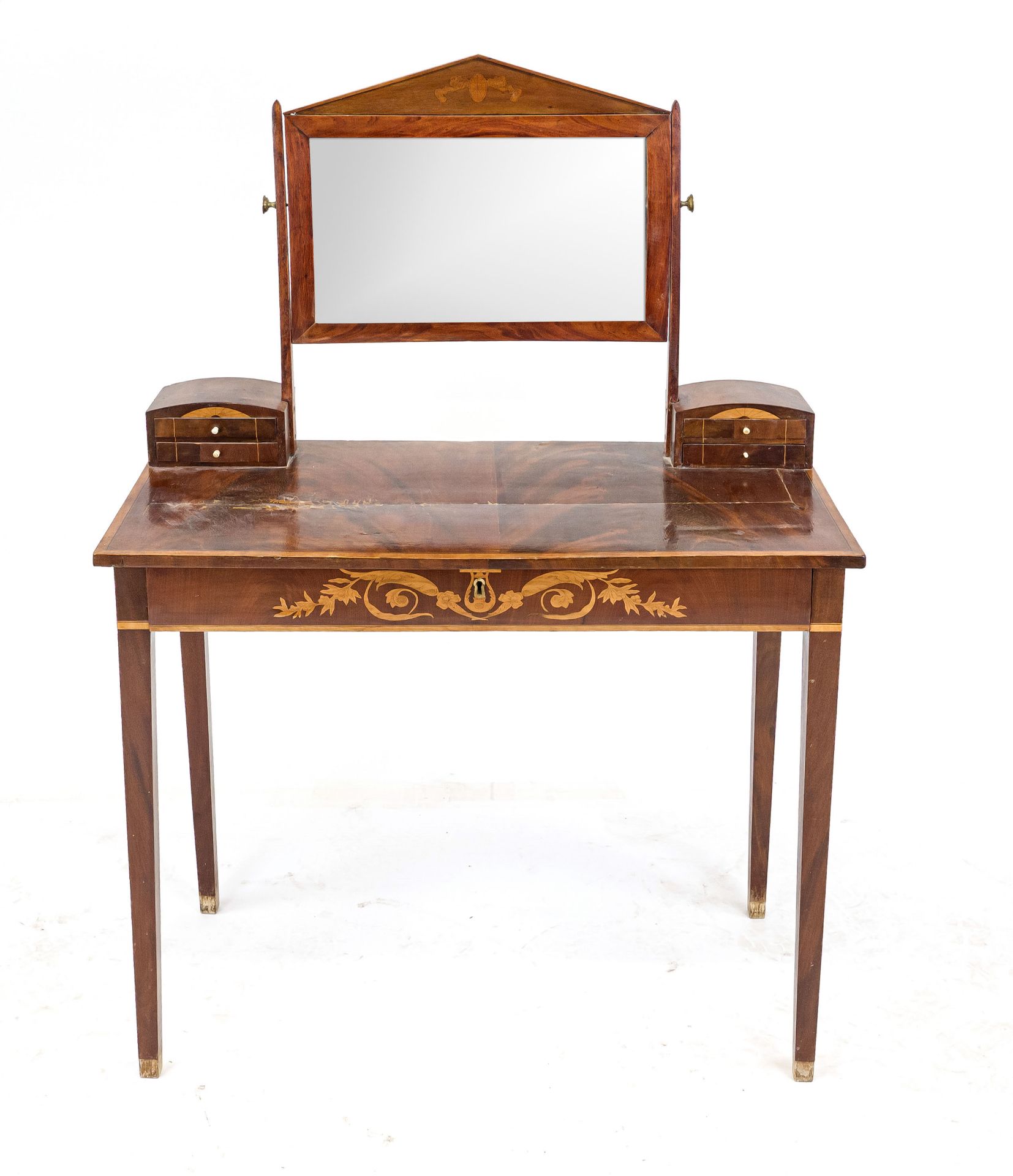 Empire-style dressing table c. 1900, mahogany, straight frame with inlaid drawer, hinged mirror,