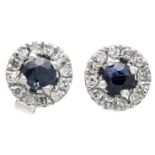 Sapphire diamond stud earrings WG 585/000 with 2 round faceted sapphires 3.4 mm dark blue, opaque
