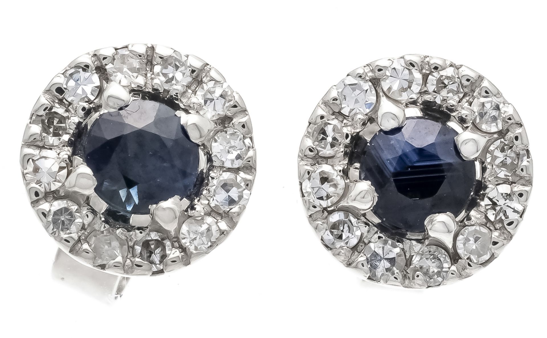 Sapphire diamond stud earrings WG 585/000 with 2 round faceted sapphires 3.4 mm dark blue, opaque