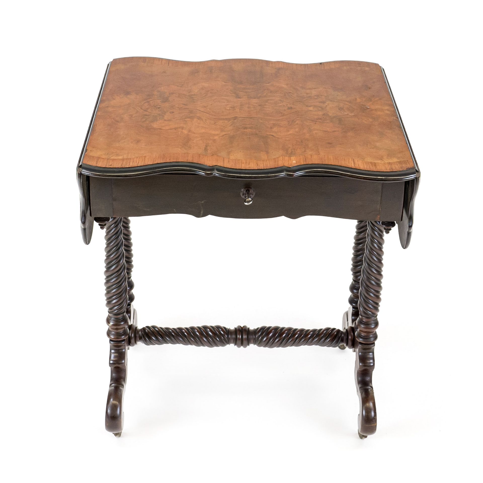 Side table, 19th century, walnut and mahogany, curved hinged top, frame with drawer, turned frame on - Image 2 of 2
