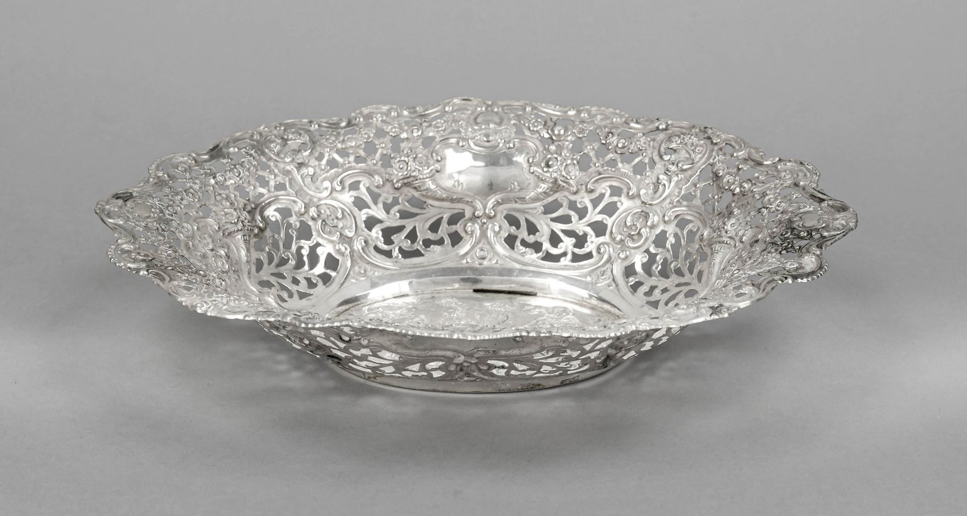 Oval openwork basket, German, 20th century, silver 800/000, of curved form, wide, richly - Image 2 of 2