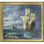 H. Chavoi, marine painter 1st half 20th century, large seascape with anchored sailing ships in the