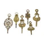 6 antique pocket watch keys, 19th century, with various jeweler's inscriptions and motifs, various