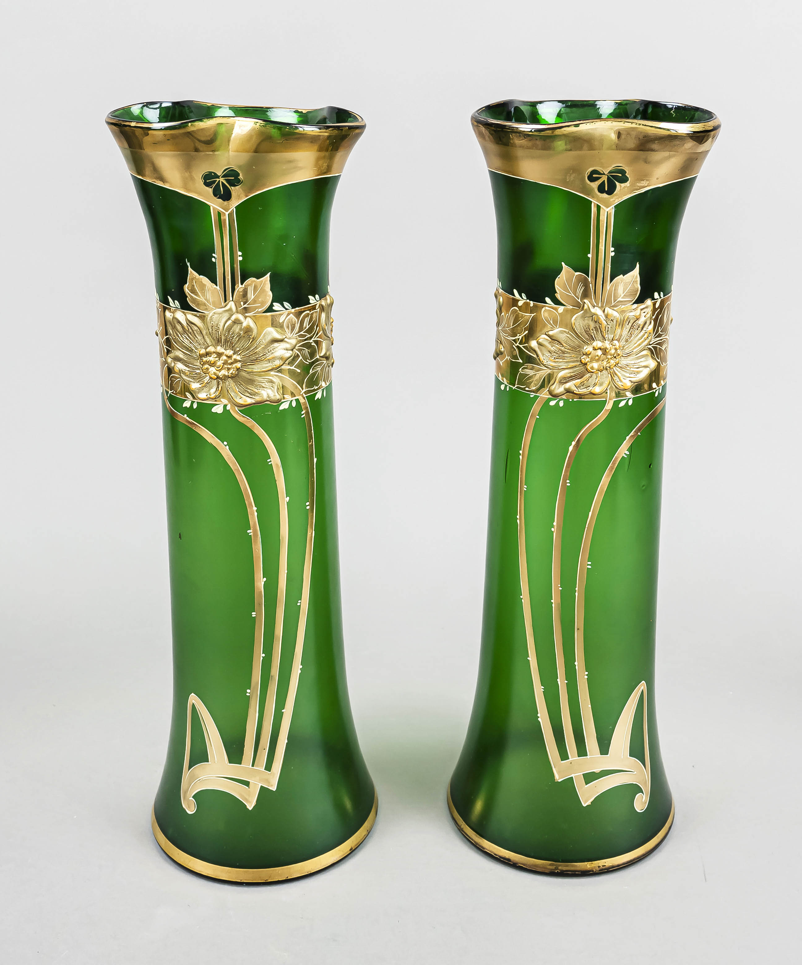 A pair of tall Art Nouveau vases, round base, slightly curved body, 3-pass mouth rim, green glass