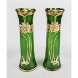 A pair of tall Art Nouveau vases, round base, slightly curved body, 3-pass mouth rim, green glass