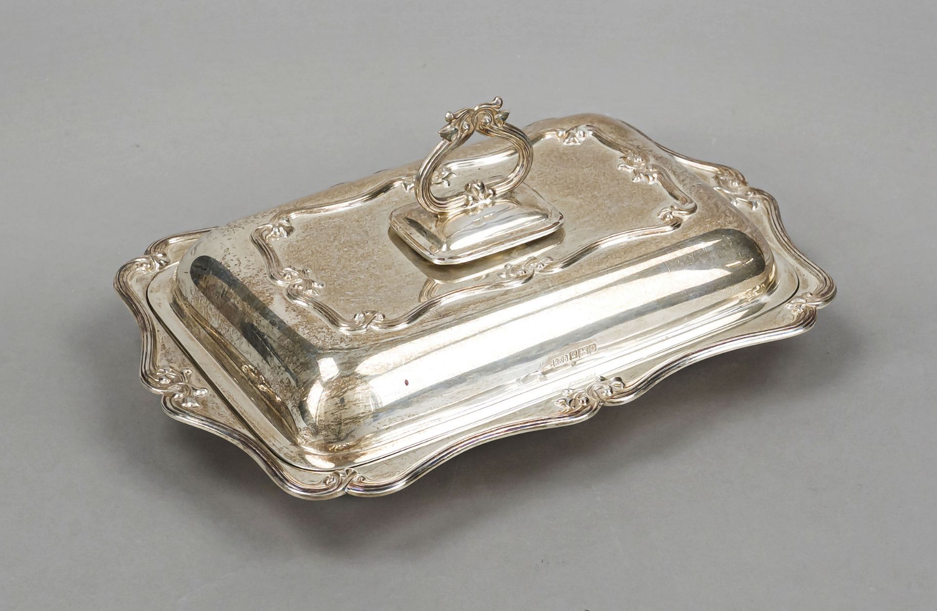 Rectangular warming bowl, England, 1907, maker's mark Roberts & Belk, Sheffield, sterling silver