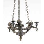 Empire-style ceiling chandelier, 19th century, bronze. 3 putti on an ornamented console holding vase