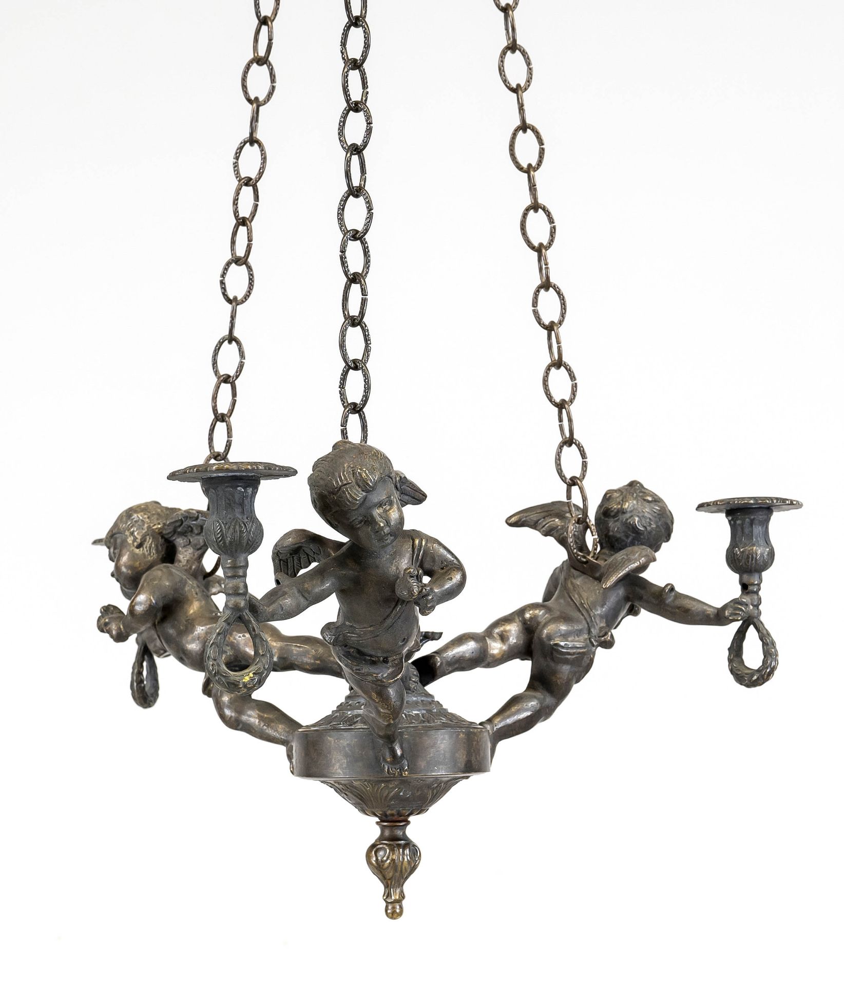 Empire-style ceiling chandelier, 19th century, bronze. 3 putti on an ornamented console holding vase