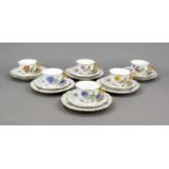 Six coffee sets, 18-piece, Meissen, 1970s, 2nd choice, rim with shell relief, polychrome painting