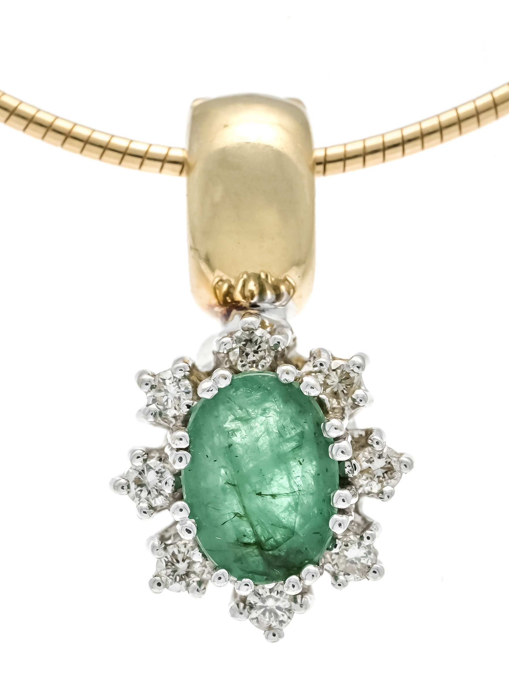 Emerald diamond clip pendant GG/WG 585/000 with an oval faceted emerald 6.7 x 5.4 mm green, opaque