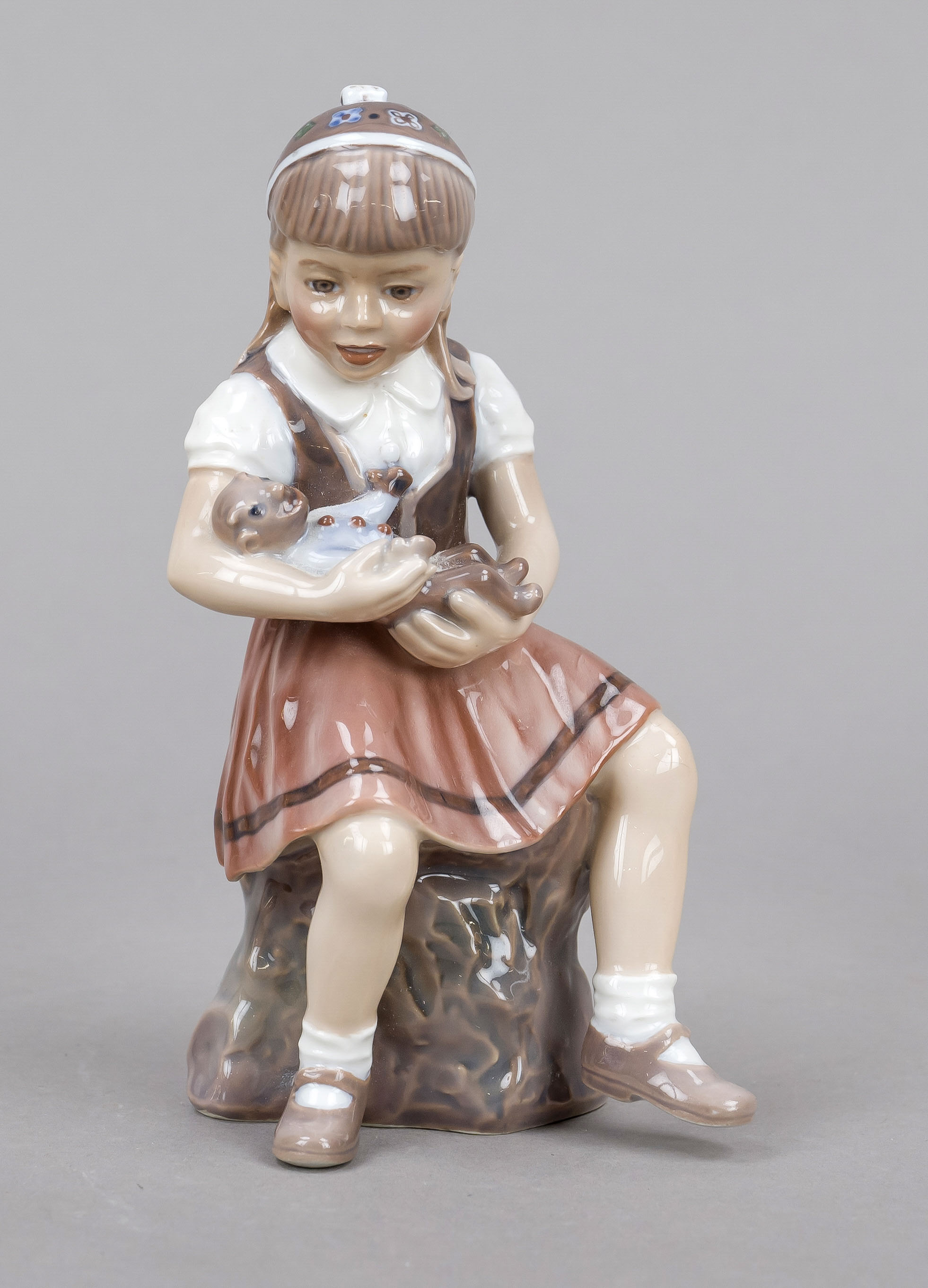 Girl with Teddy / Bente, Dahl-Jensen, green stamp mark 1939-1981, designed by Jens Peter Dahl-Jensen