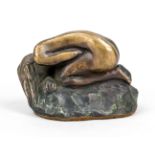 Unidentified sculptor 2nd h. 20th c., crouching female nude, patinated bronze, indistinctly