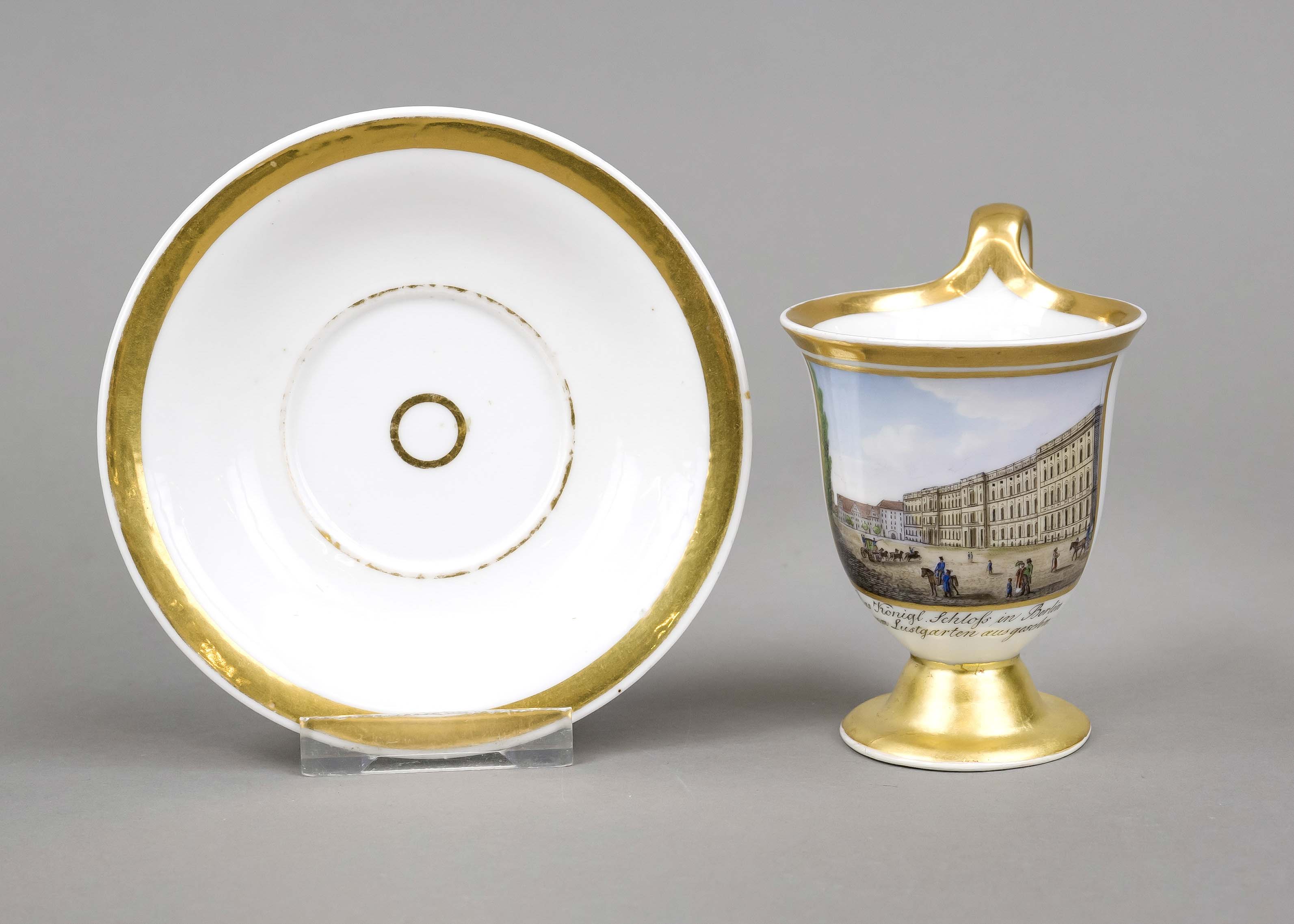 A Berlin view cup and saucer, KPM Berlin, 1st half 19th century, 1st choice, painter's mark 1823-32,