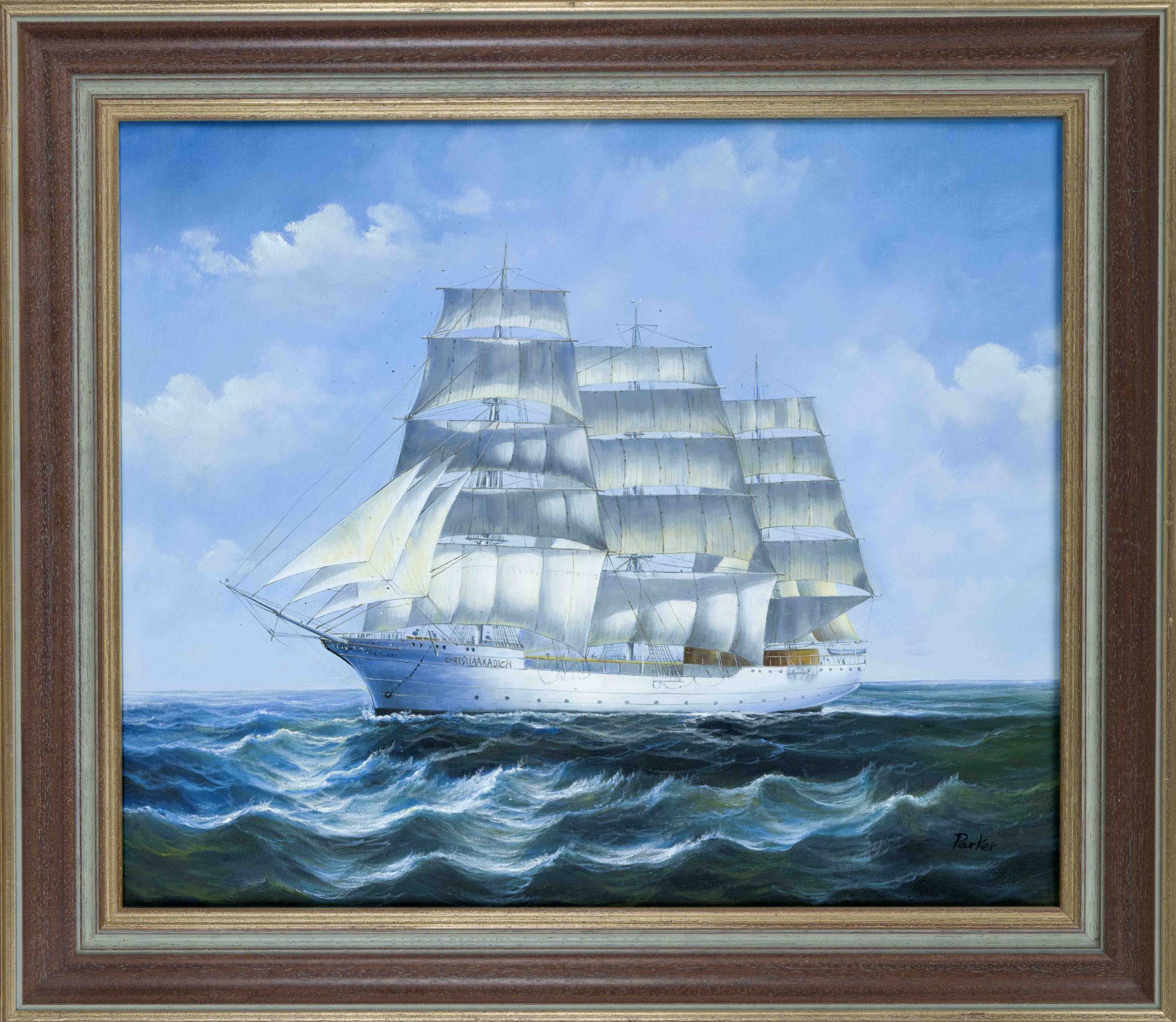 signed Parker, unidentified marine painter late 20th century, tall ship at sea, oil on canvas,