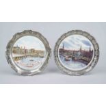 2 framed trays for the wall, Germany 20th century, theme: Hamburg, slightly rubbed, d. 27 cm