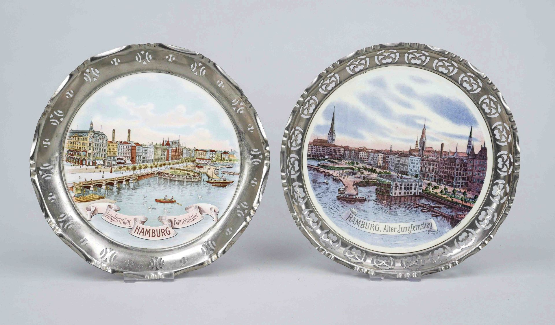 2 framed trays for the wall, Germany 20th century, theme: Hamburg, slightly rubbed, d. 27 cm