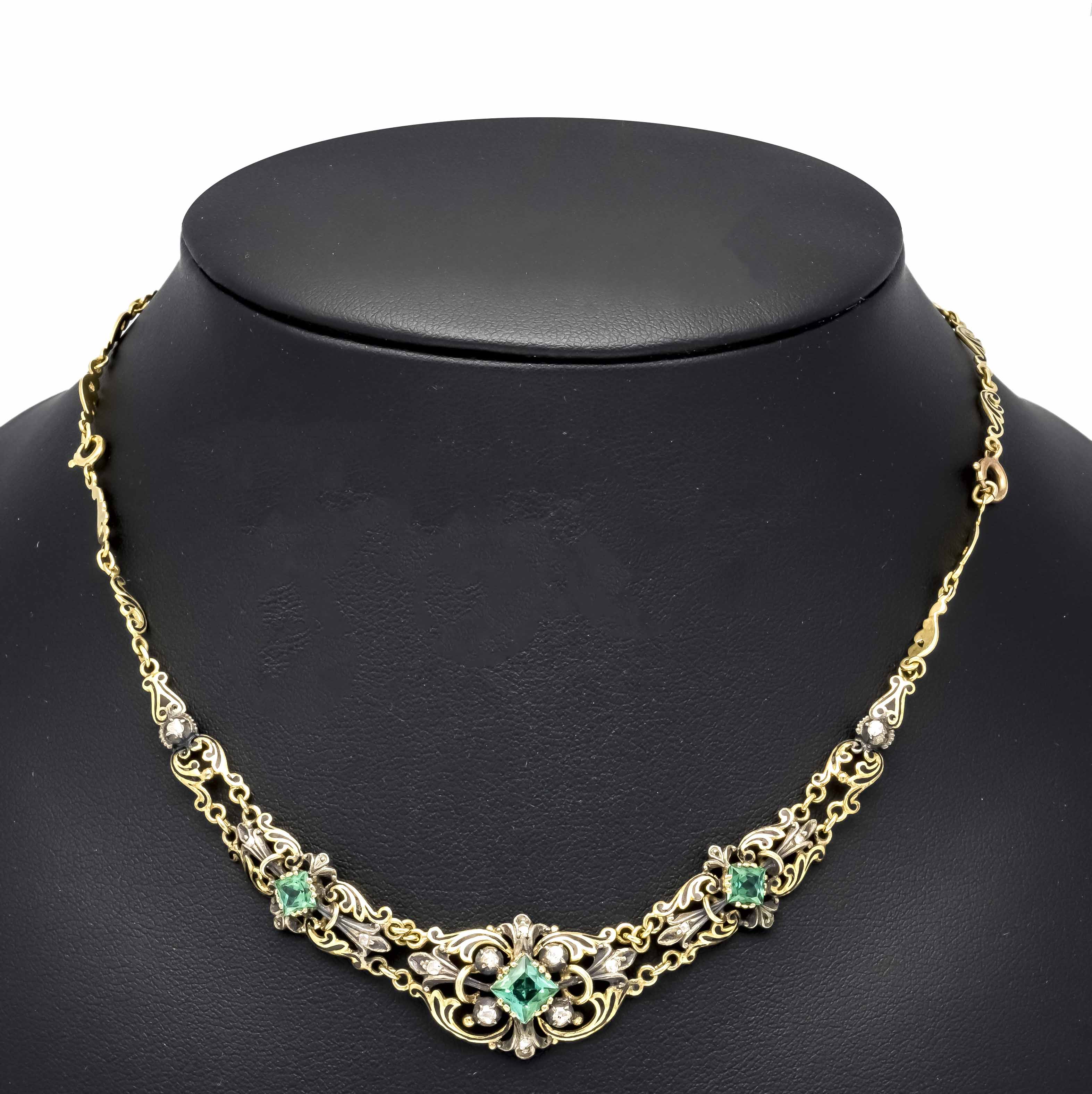 Emerald and diamond necklace, circa 1880, GG 585/000 unmarked, tested, and silver, with black