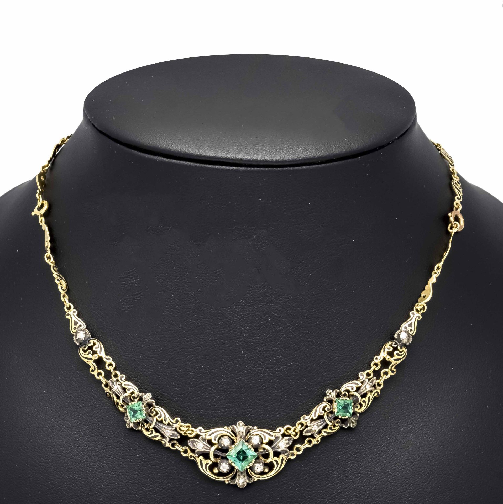 Emerald and diamond necklace, circa 1880, GG 585/000 unmarked, tested, and silver, with black