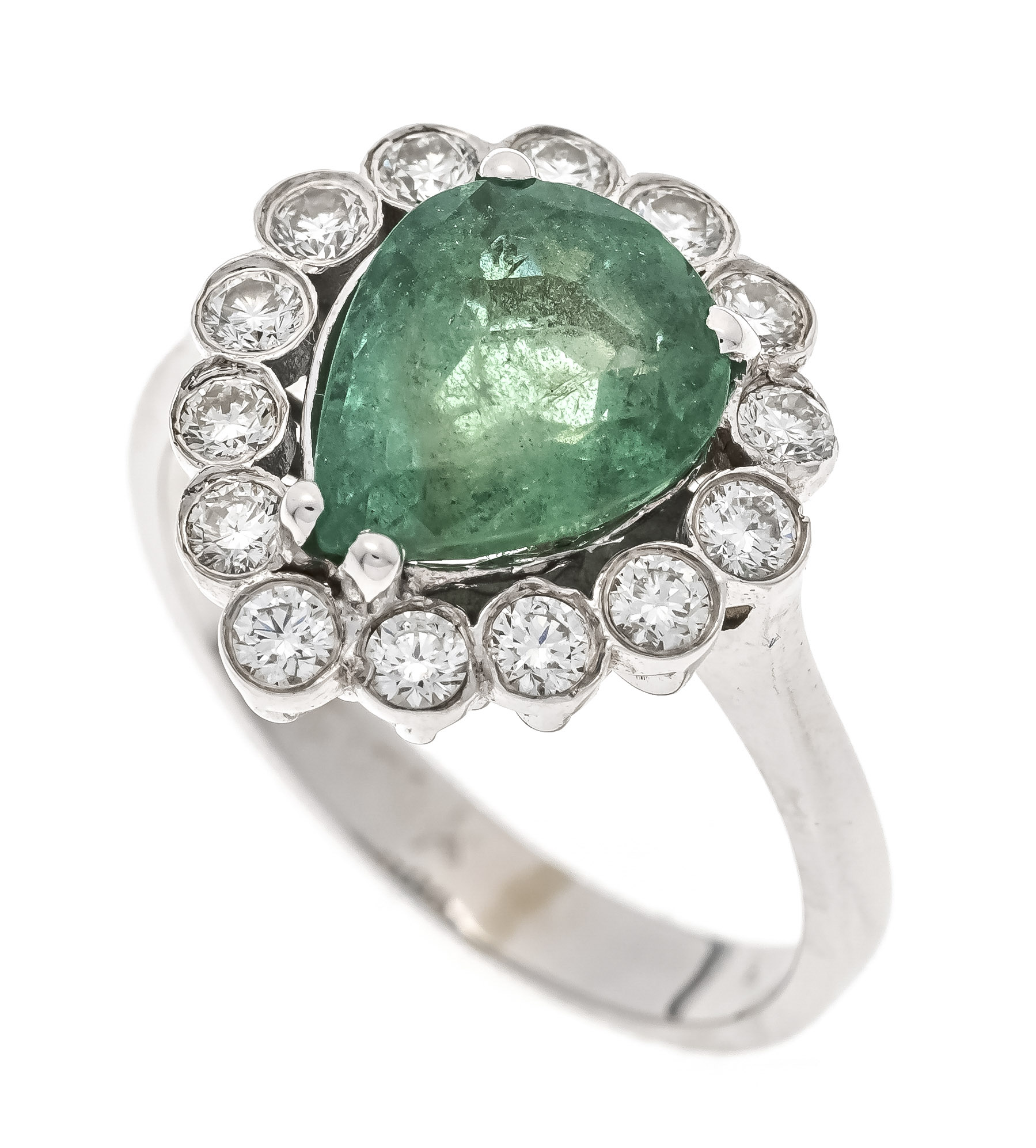 Emerald-brilliant ring WG 585/000 with a faceted emerald drop 2.2 ct in a strong green with internal