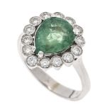 Emerald-brilliant ring WG 585/000 with a faceted emerald drop 2.2 ct in a strong green with internal