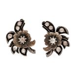 Flower earrings RG 750/000 and silver, unstamped, tested, with white round faceted gemstones, l.