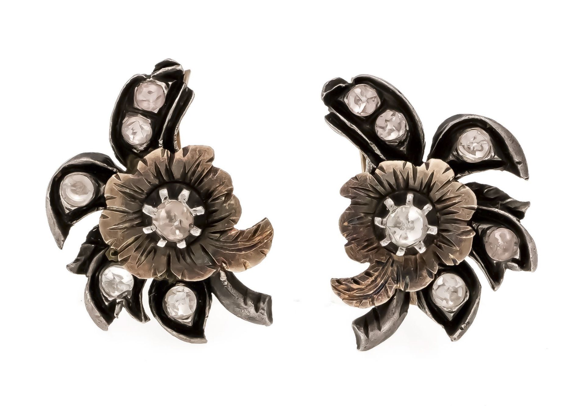 Flower earrings RG 750/000 and silver, unstamped, tested, with white round faceted gemstones, l.