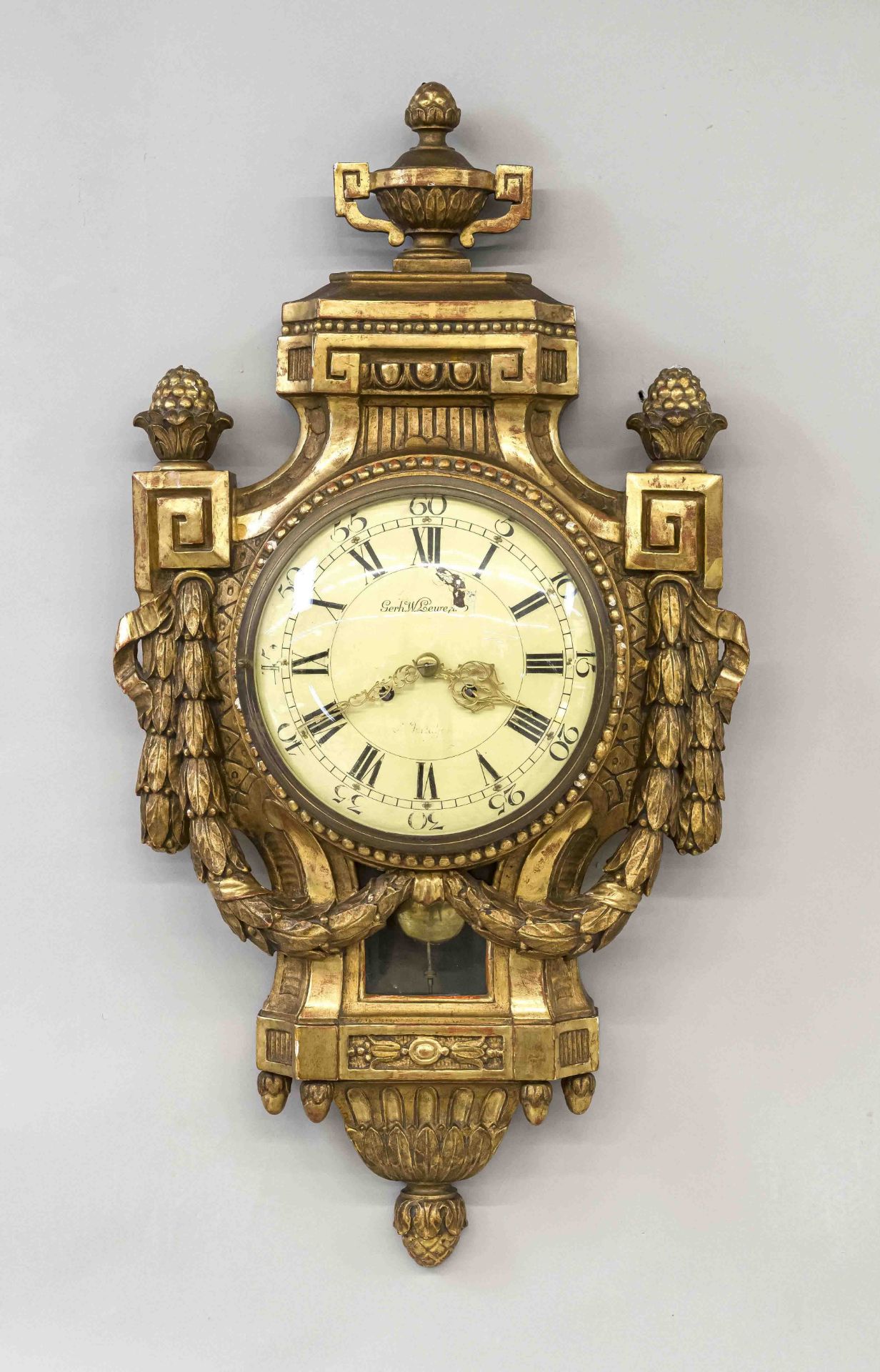 Cartel clock, 2nd half 19th century, marked ''Gerh. W. Lewerth'', carved wood, gilded on a red