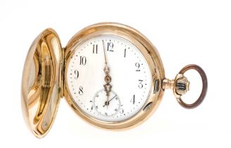 A gentleman's sprung-cap pocket watch, 585/000 GG, 2 gold covers, engine-turned case on both