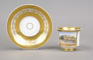 A Berlin view cup and saucer, KPM Berlin, mark 1844-47 (cup, saucer later), 1st choice, red imperial