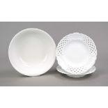 Three pieces, Meissen, round bowl, mark after 1934, 1st choice, white, Ø 24 cm, 2 openwork plates,
