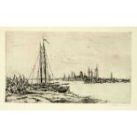 Carl Theodor Thiemann (1881-1966), bundle of 4 etchings: 3 x waterfront landscape with a view of a