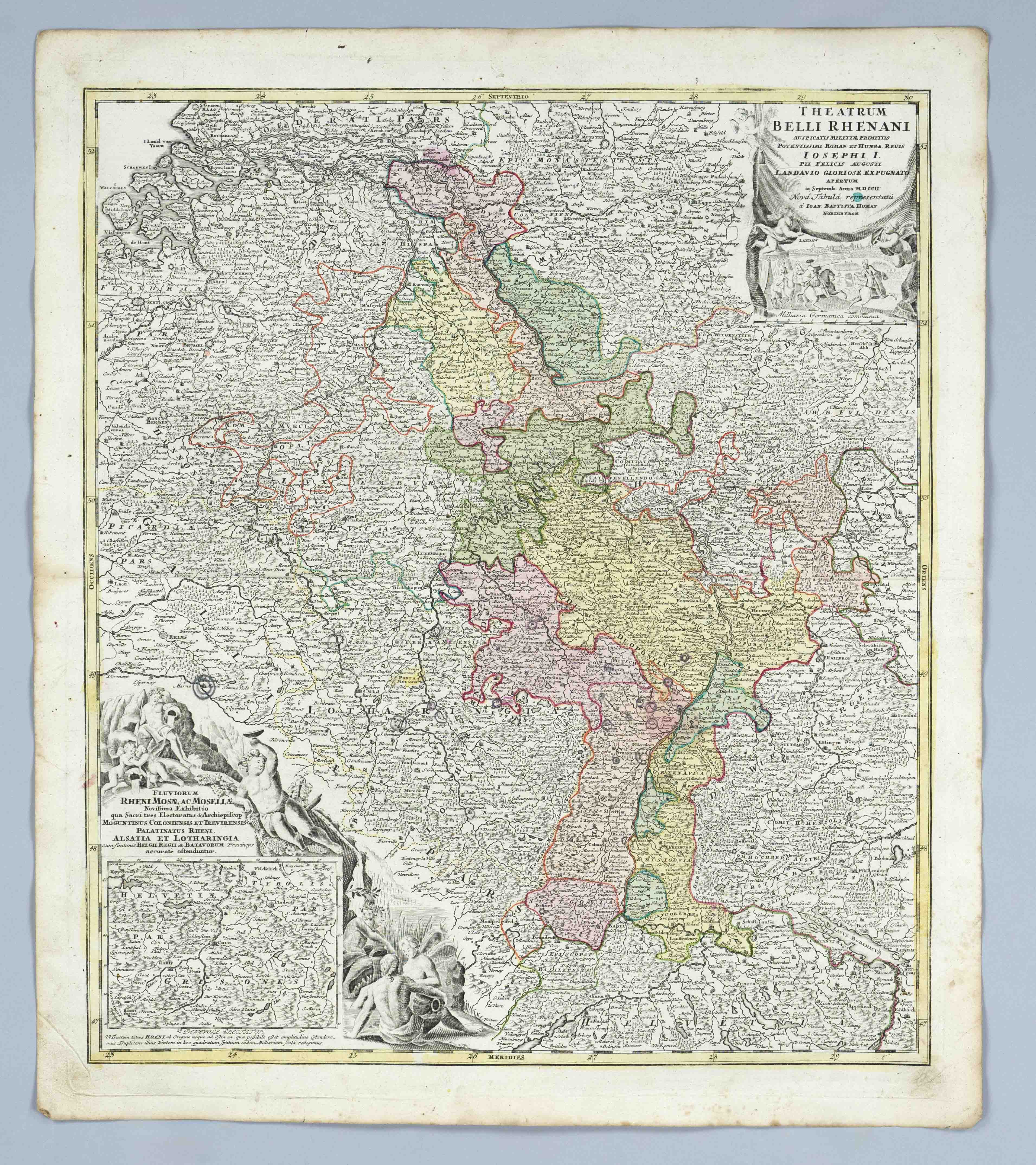 Historical map of the course of the Rhine, '''Theatrum Belli Rhenani''', col. Copper engraving