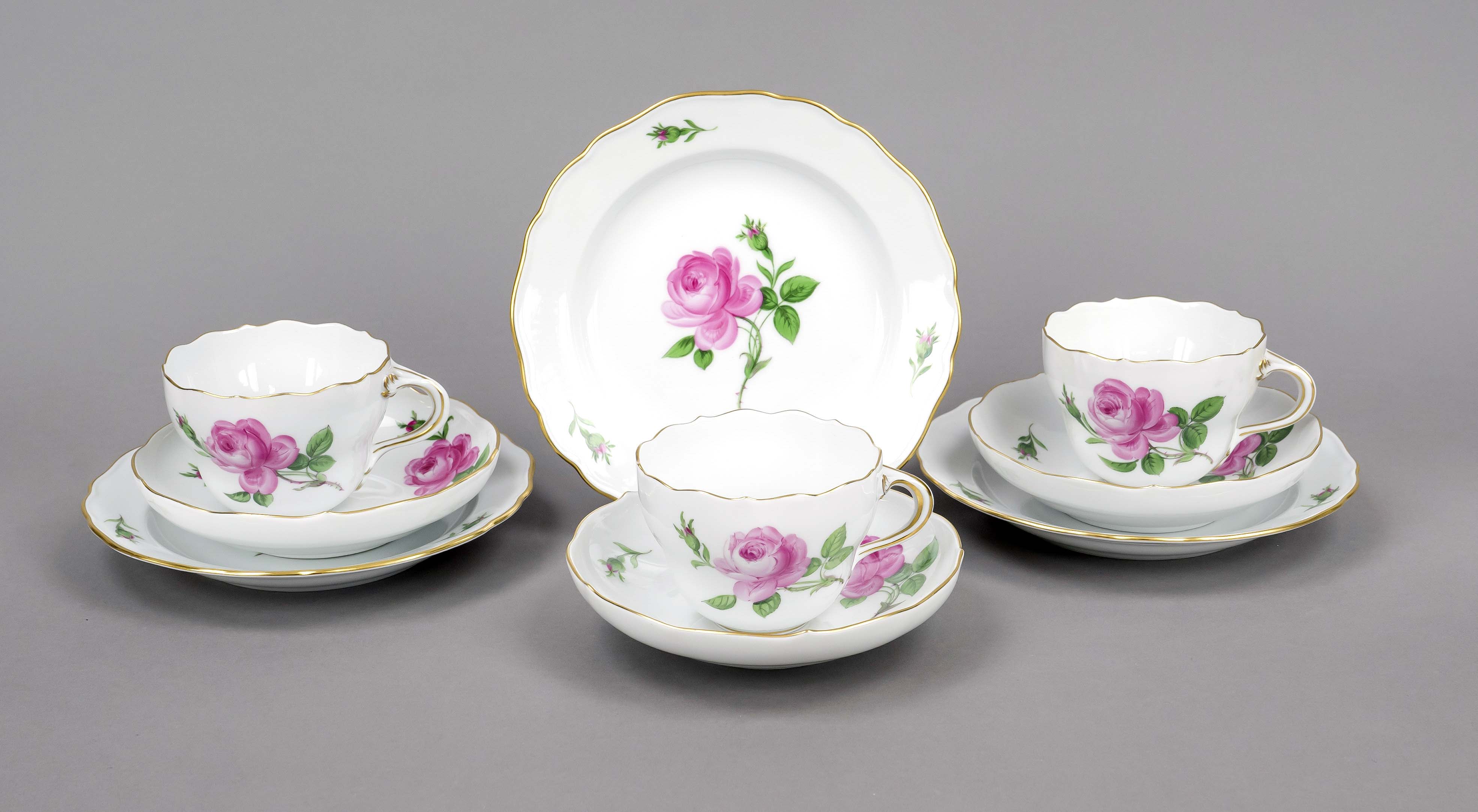 Three coffee sets, 9-piece, Meissen, 1970-80s, 2nd choice, new cut-out shape, polychrome painting,