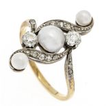 Art Deco pearl diamond ring GG 585/000 with 2 old-cut diamonds totaling 0.30 ct l.tintedW-W/SI-PI