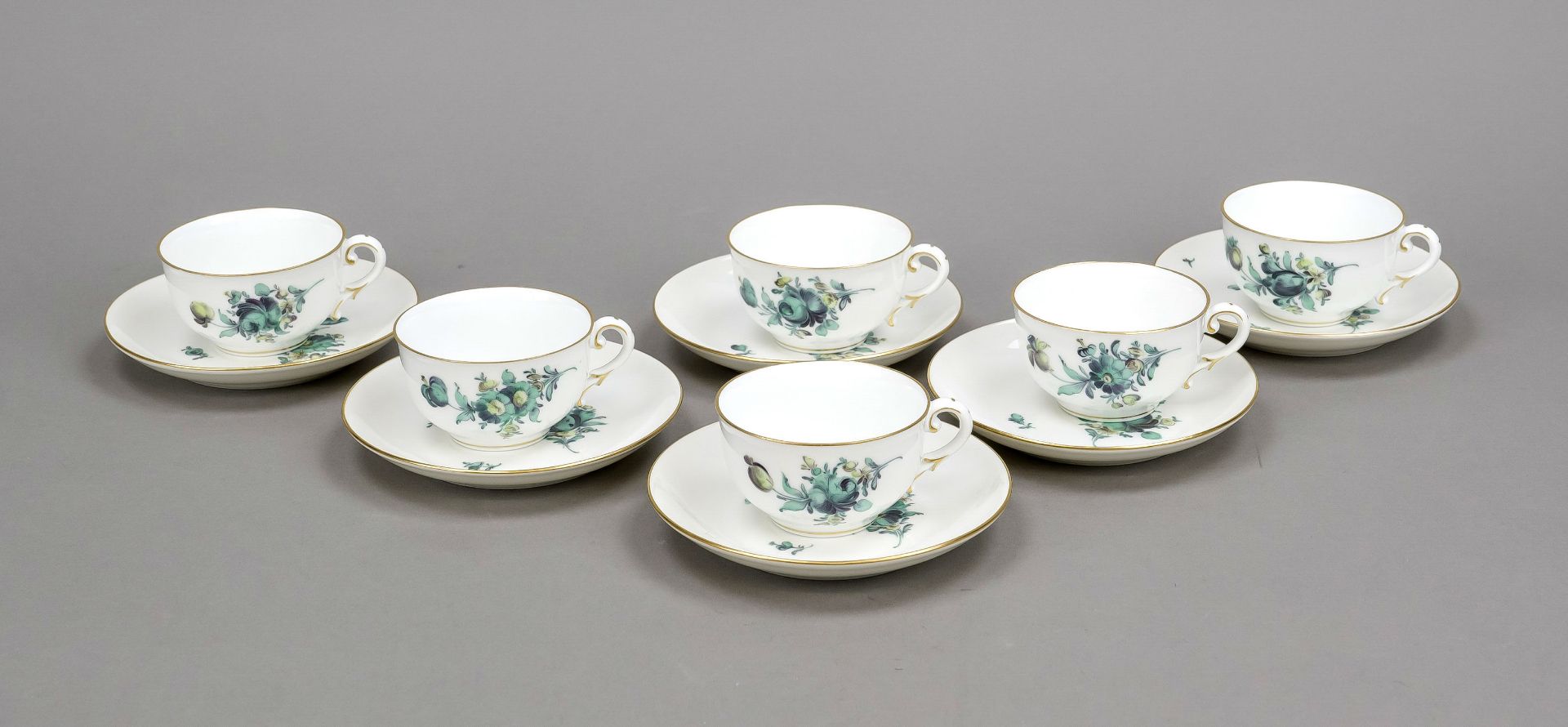 Six demitasse cups with saucer, Nymphenburg, mark 1925-1975, flower painting in copper green and