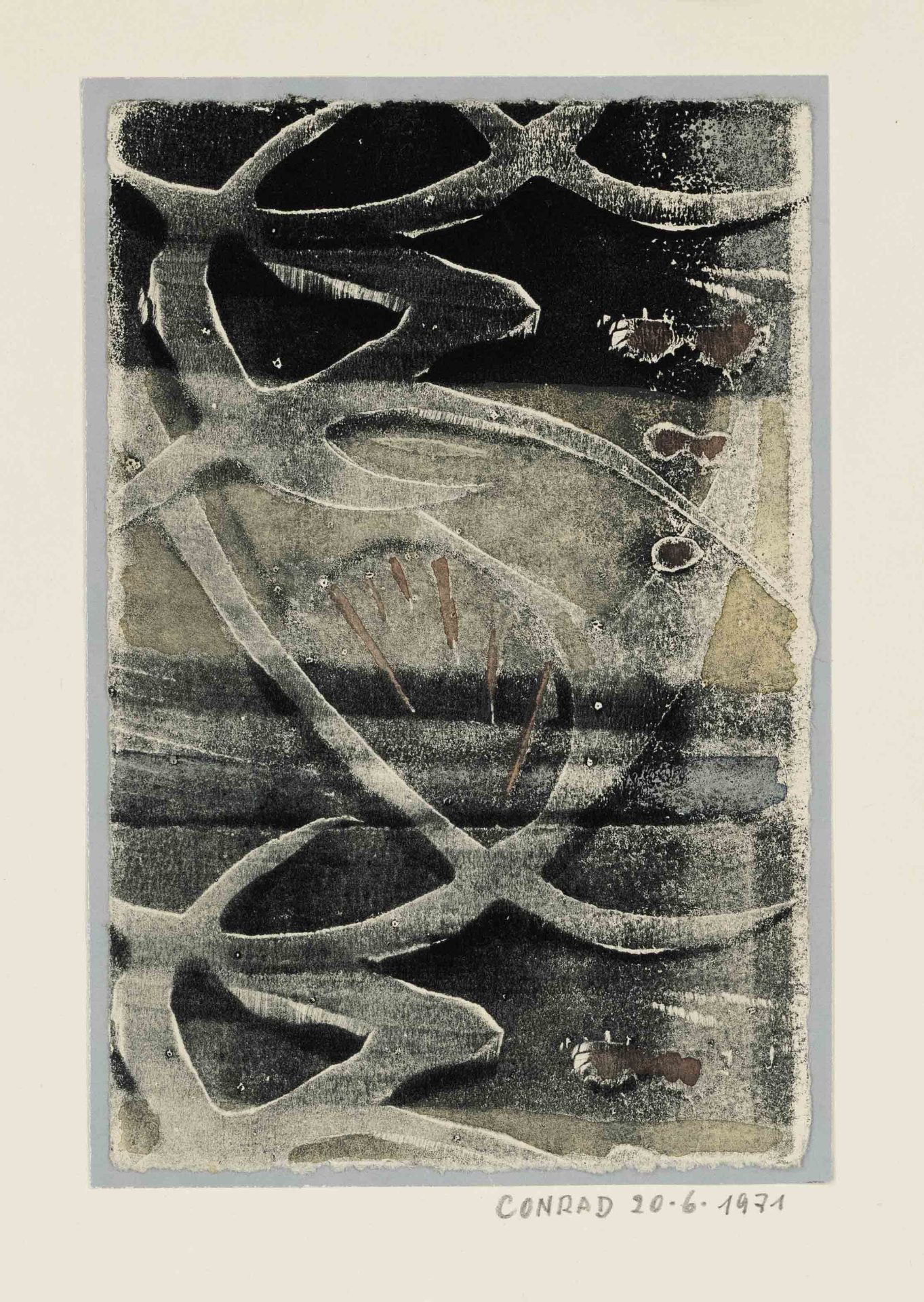 signed Conrad, artist of the Informel around 1970, group of four small monotypes on paper, each