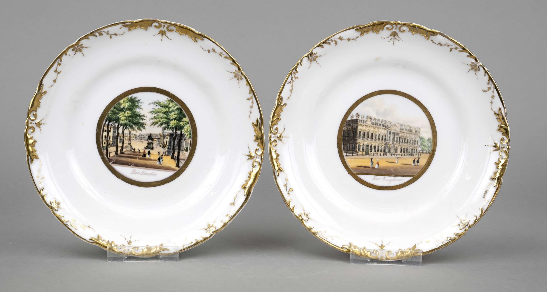 Two view plates, Schumann Berlin Moabit, c. 1850, gold-framed cartouche in the mirror, finely