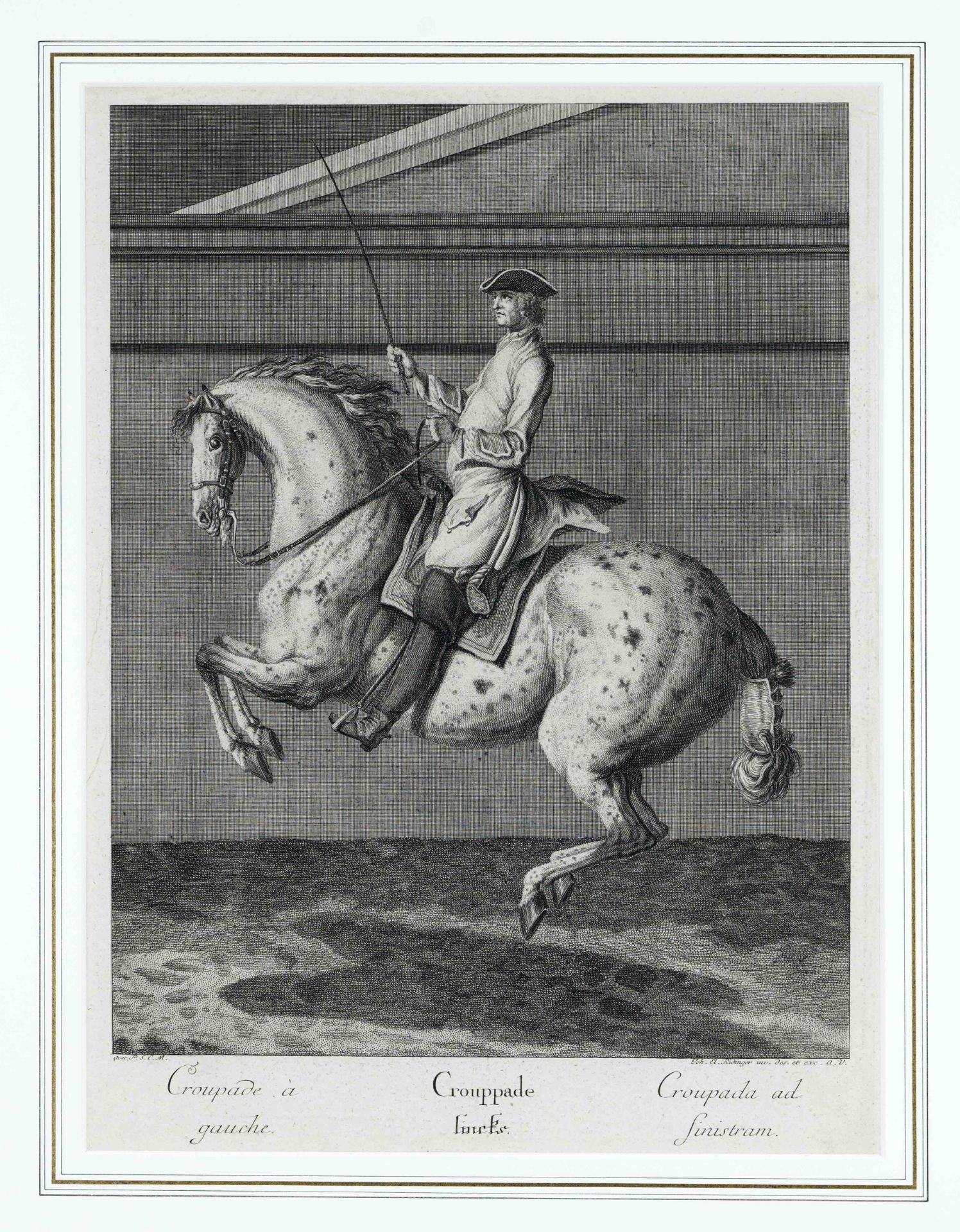 Johann Elias Ridinger (1698-1767), two etchings from the new riding school, with trilingual script - Image 2 of 2