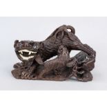 Figural hardwood carving, China 20th century Dark, finely grained hardwood with bone inlays and