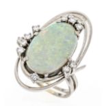 Opal-brilliant ring WG 750/000 with an oval opal cabochon 6.89 ct in a light to good play of colors,