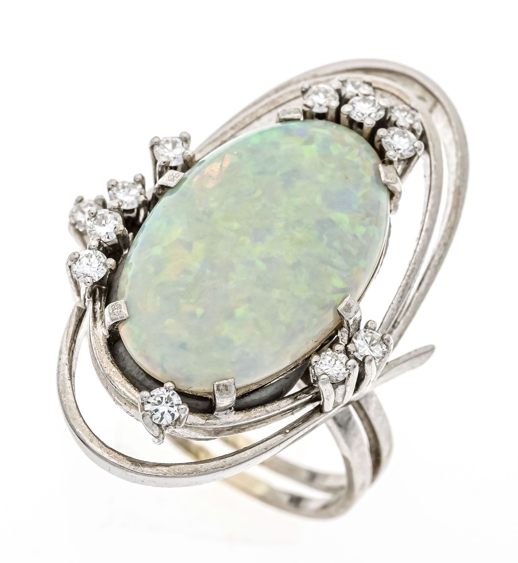 Opal-brilliant ring WG 750/000 with an oval opal cabochon 6.89 ct in a light to good play of colors,